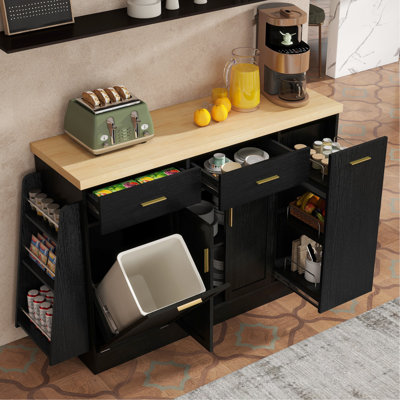 Multi - Functional Kitchen Island With Hidden Trash Storage, Sliding Door Cabinet, And 3 Tier Spice Rack, Black, Stylish Two Tone Design Aesthetic Black Sideboard Tilt Down Smooth Drawers, Finish