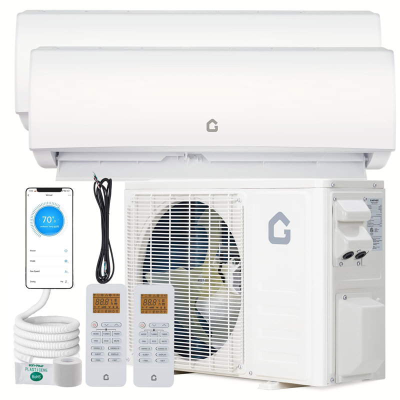 Système de chauffage et de climatisation central à deux zones efficace - 28 000 BTU (18 K + 18 K), 20 SEER2, montage mural sans conduit, condensateur préchargé, 208-230 V, norme américaine, ensemble de conduites en cuivre non inclus