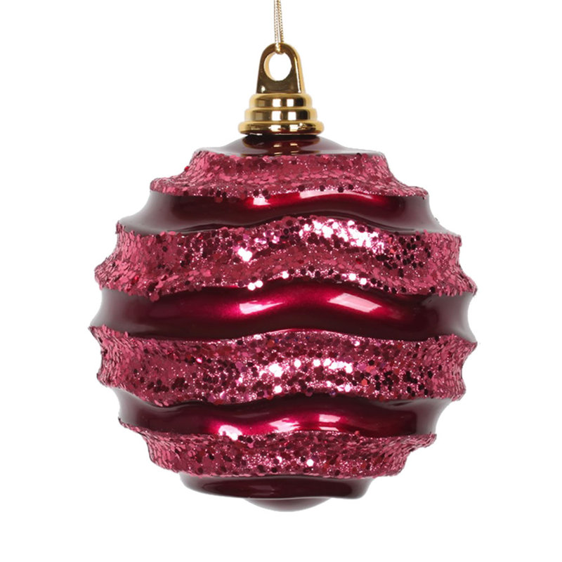 Ornement de Noël boule rayée et scintillante, H 8 po x l 8 po x P 8 po, Fuchsia