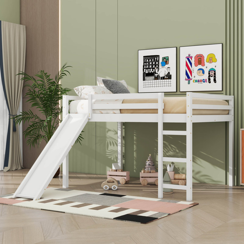 Lit mezzanine double avec glissade, conception multifonctionnelle polyvalente et finition blanche éclatante