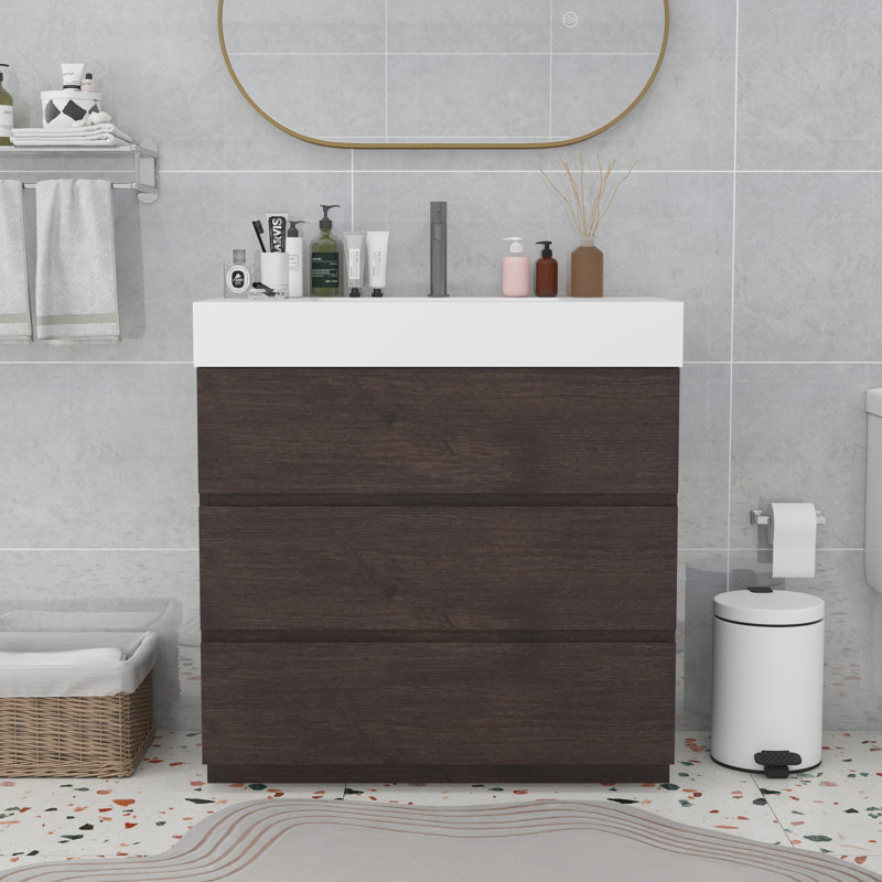 Meuble-lavabo moderne avec lavabo, Noyer, Blanc
