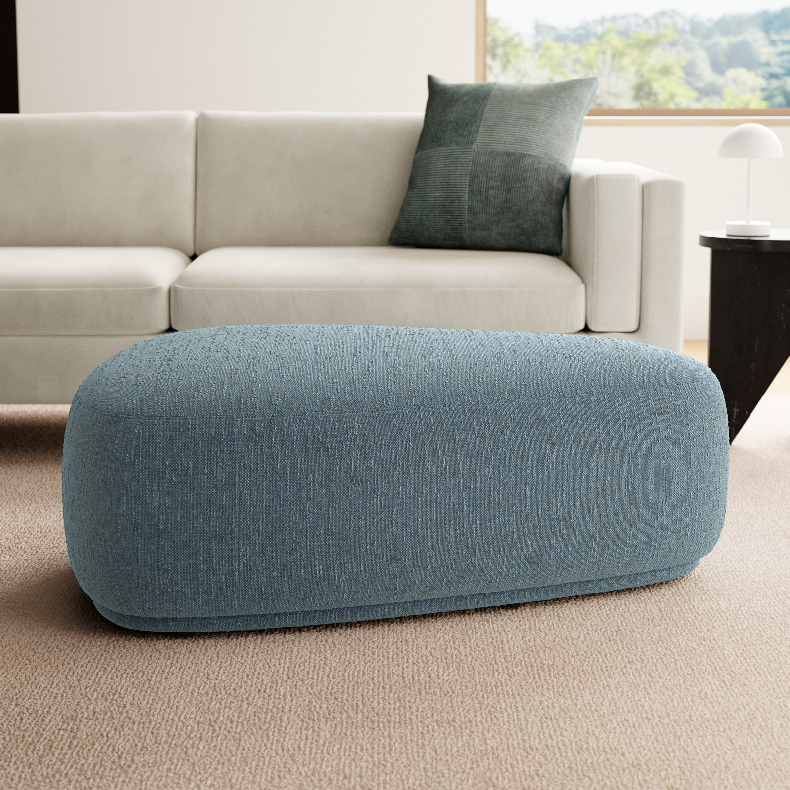Adna 44'' Triangular Upholstered Ottoman, Mellow Steel Blue Boucle