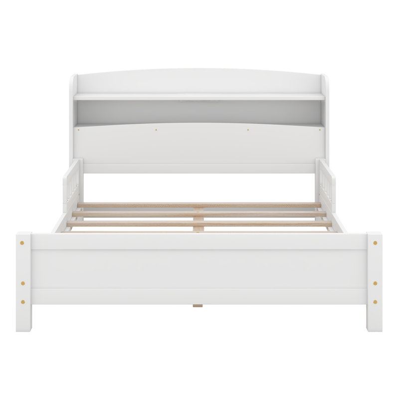 Lit plateforme simple avec tête de lit bibliothèque et capteur de mouvement à DEL, cadre en bois de pin avec garde-corps pour enfants