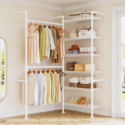 L2 Industrial Pipe Closet System - 2 Telescopic Rod & 6 Shelves, Heavy Duty Wall Mounted Closet Organizer, White for Wardrobe