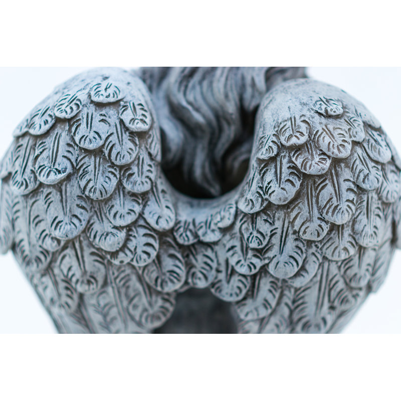 Gray Kneeling Angel Statue with Floral Crown and Bouquet