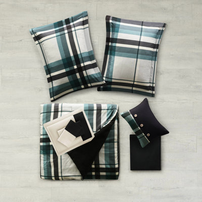 Full 9 Piece Microfiber Bedding With Plaid Comforter And Solid Sheet , Shams, Pillow, Flat & Fitted Sheets, Pillowcases, - Pattern, Featuring Filling, Machine Washable