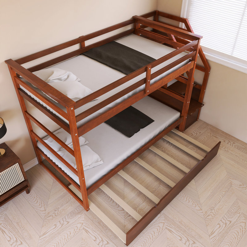 Lit simple au-dessus de simple avec escalier de rangement en bois, Noyer