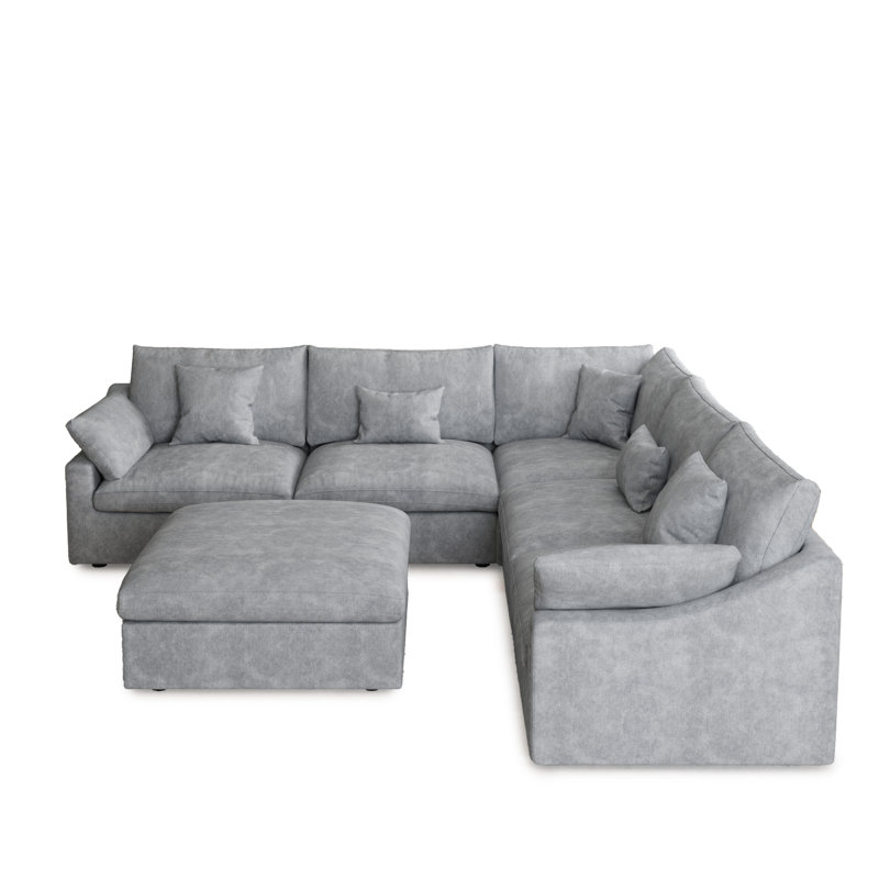 6 - Piece Slipcovered Sectional With Ottoman, Light Gray Linen Blend