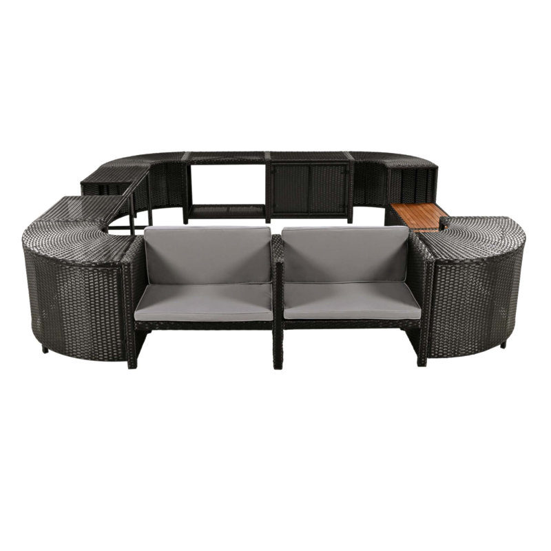 Spa Surround Rattan Sectional Sofa Set With Storage, Wooden Seats, And Removable Cushions For Outdoor Use, Grey