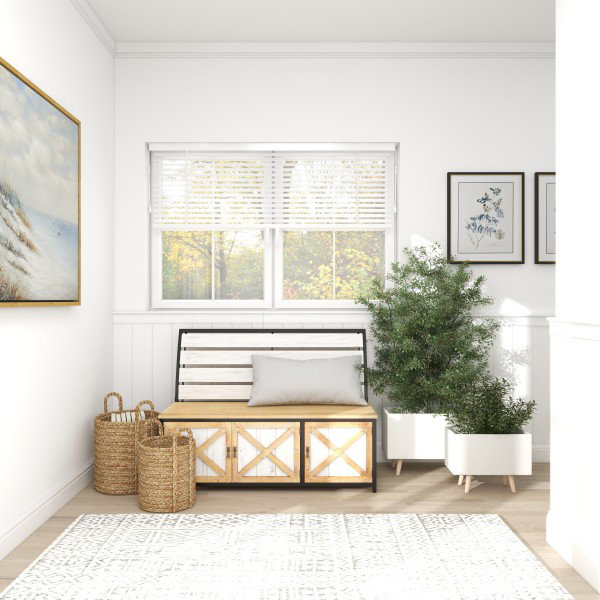 White Fiber Clay Rectangular Planters with Wood Legs, Set of 2