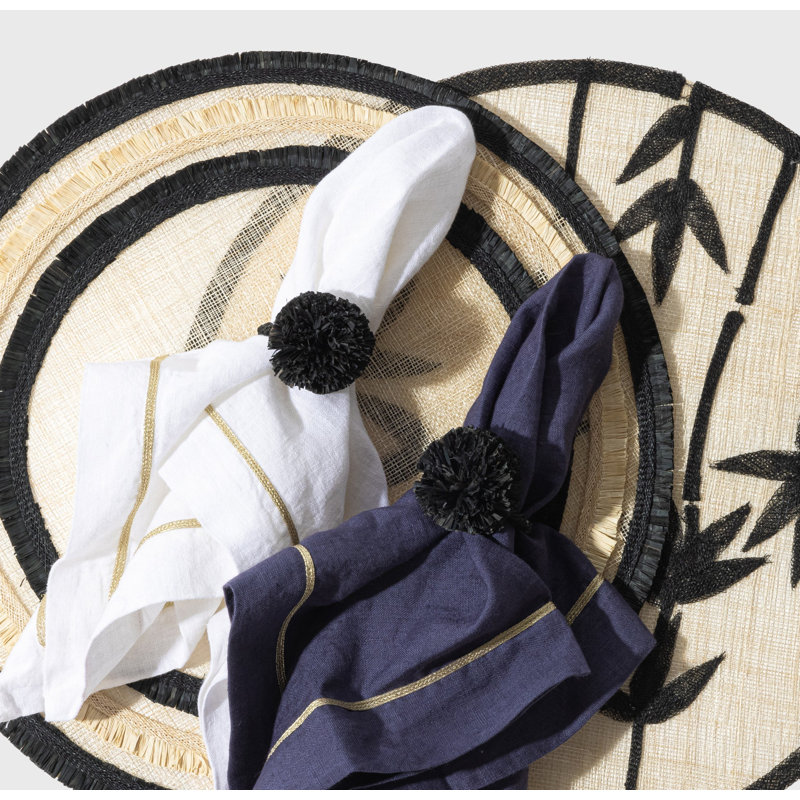 Straw Pompom Napkin Rings, Black