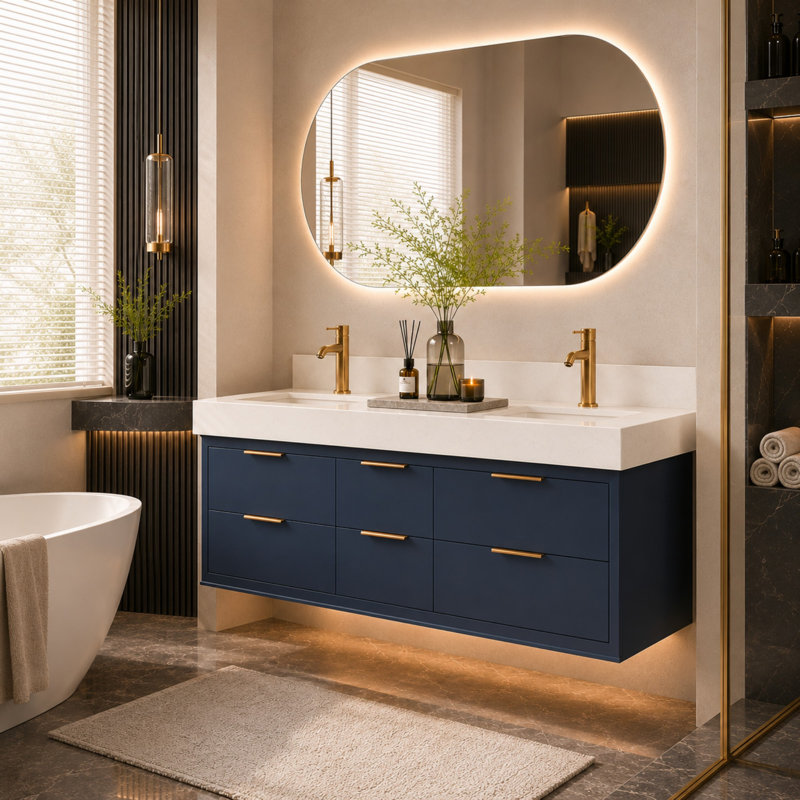 Melora 60" Wall-Mounted Modern Bathroom Vanity With Double Sink, Soft-Close Drawers, White Stone Countertop & LED Light, Blue