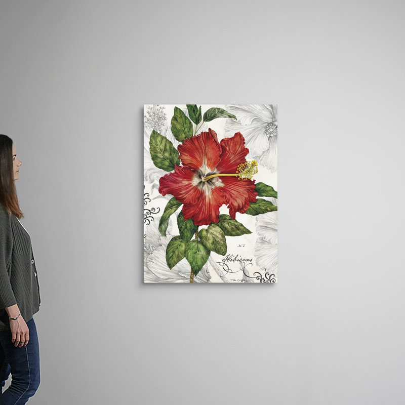 Hibiscus rouge sur toile blanche, H 40 po x l 30 po x P 1,25 po, Toile tendue