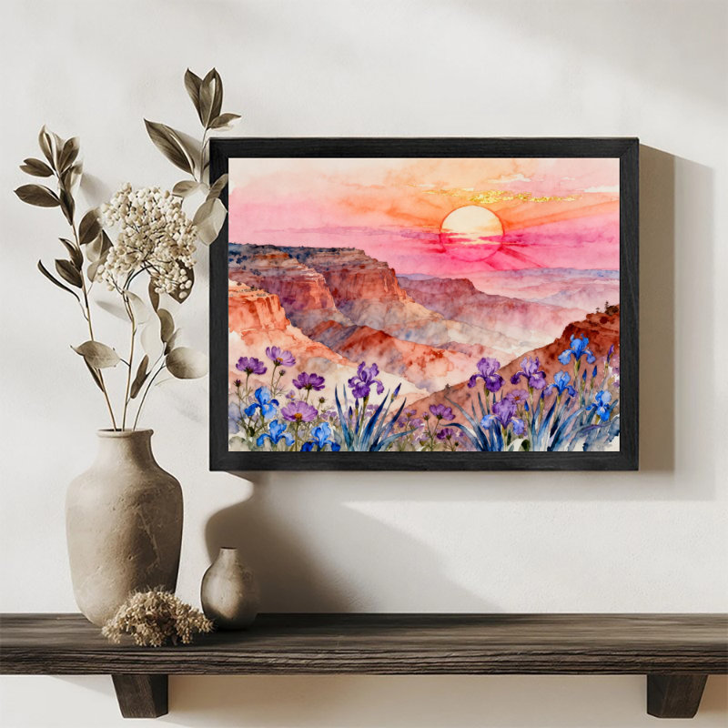 Reproduction d'art encadrée noire rétro de paysage primitif coloré, H 25 po x l 37 po