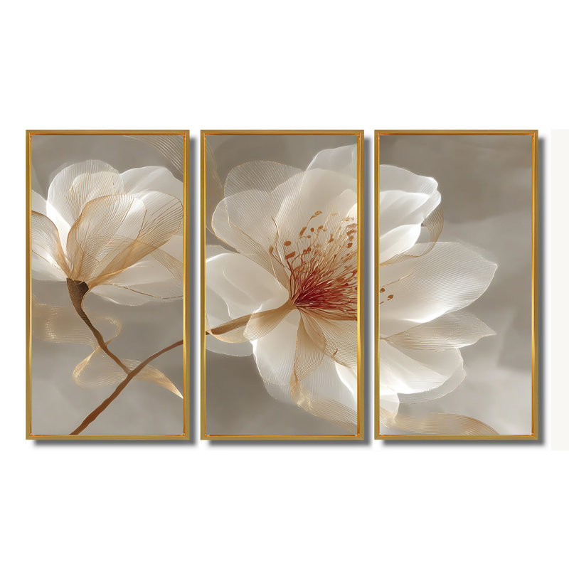 Délicat Magnolia doré - ensemble d'art mural Magnolias, H 40 po x l 60 po, Reproduction avec cadre flottant, Doré