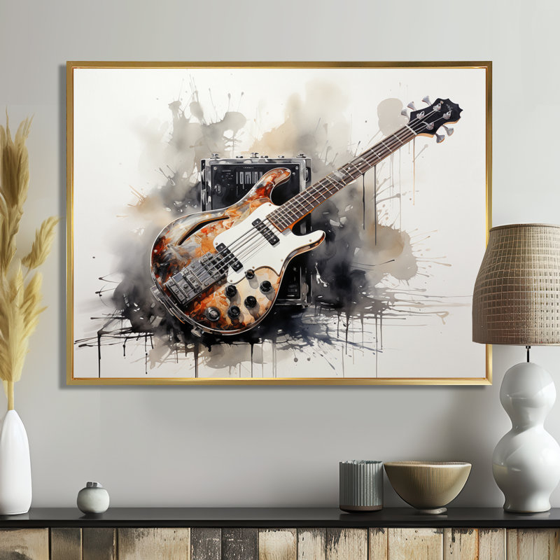 «Brown Charcoal Guitare», art mural sur toile, Cadre flottant doré, H 16 po x l 32 po x P 1 po