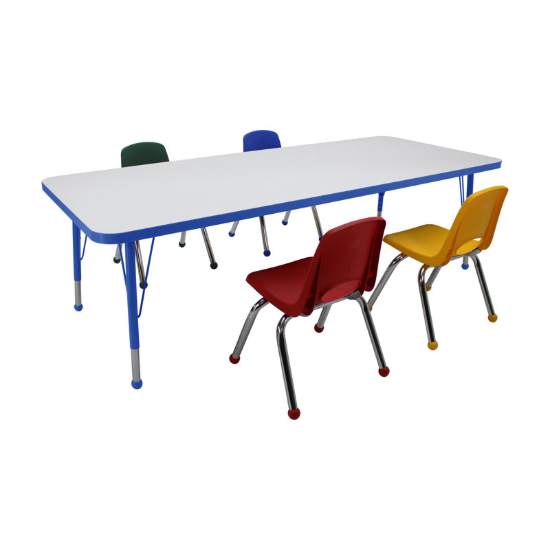 Ensemble de 5 tables d'activités rectangulaires effaçables à sec 30 "x 72" avec pieds standards et chaises empilables 12 "avec glissières à billes - tableau blanc / bleu / assortis