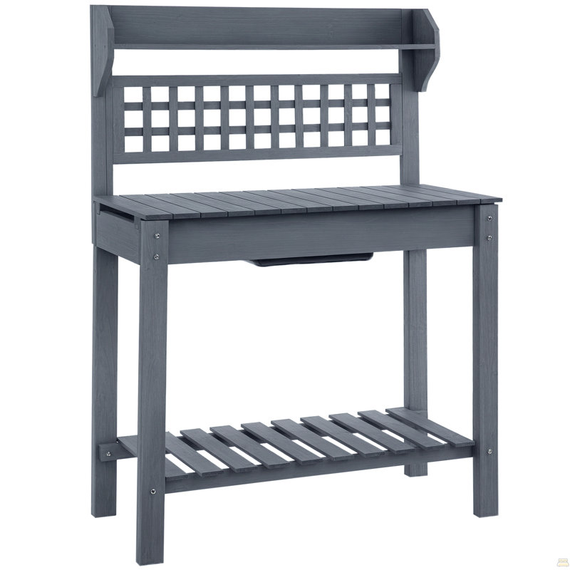 Outdoor Potting Bench Table, Wooden Workstation , Storage Shelf And Dry Sink,