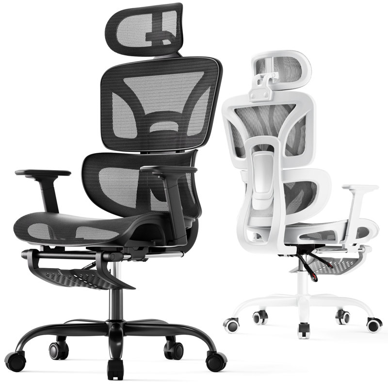 Ergonomic High-Back Mesh Office Chair with Retractable Footrest, Adjustable Headrest, Lumbar Support and 3D Armrests, Swivel Reclining Computer Desk Chair for Home Office
