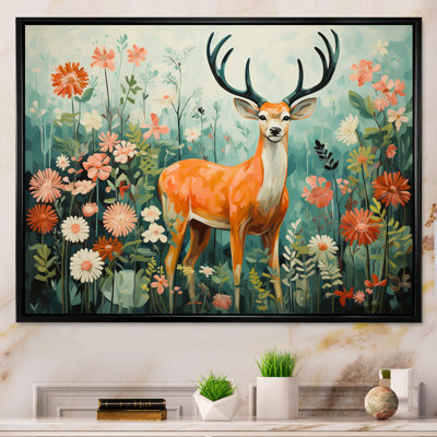 «Green Flower Deer In Wildlife Meadows I», art mural animal cerf