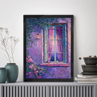 Décoration murale moderne noire encadrée fleurs de fenêtre et fond mauve Décoration murale élégante pour la décoration intérieure contemporaine