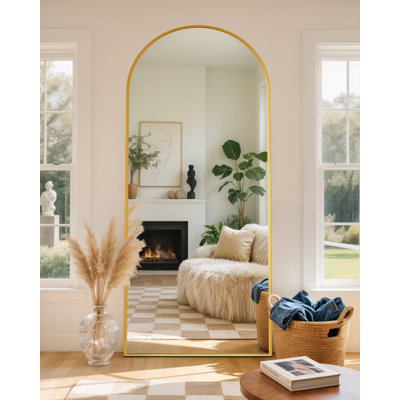 Miroir de plancher noir arqué avec support, miroir autoportant de 38 po x 77 po pour chambre à coucher