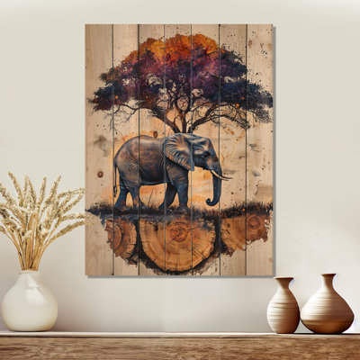 Elephant Under The Baobab Tree - Elephant Animal Wood Wall Art - On Natural Pine Wood