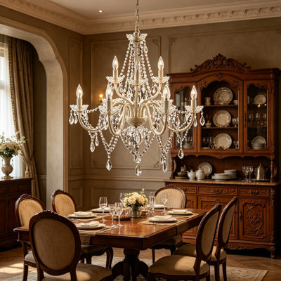 The Original Brink House Plug-in 9 Light Crystal White Hanging Swag Chandelier, White Metal Frame with Clear Glass Stem and Acrylic Crystals, H26 x W27 Inches