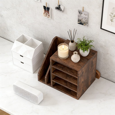 Organisateur de bureau réglable en bois avec plusieurs compartiments, porte-classeur et trieur de courrier pour le bureau à domicile et l'école