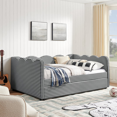 Lit de jour double en vichy double avec couchette simple sans sommier, avec port USB et adorable tissu en forme de vague