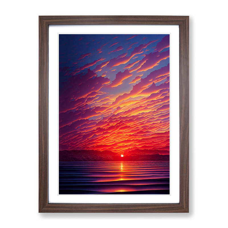 Vibrant Ocean Sunset - Wall Art, 36cm H x 27cm W, Walnut Framed Paper, White