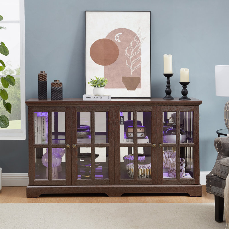 Bibliothèque, vitrine à DEL avec tablettes réglables et portes en verre, Cerisier