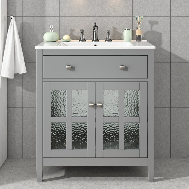 Meuble-lavabo de 30 po avec lavabo en céramique, pieds en bois massif, tablette réglable et plateau coulissant gris, Gris