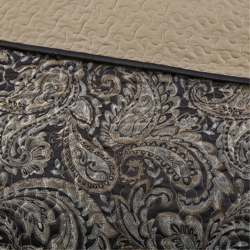 Ensemble de couvre-lit en jacquard 5 pièces avec coussins décoratifs noir très grand, Noir
