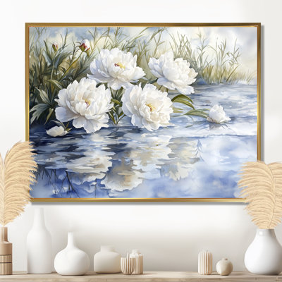 Olinger, pivoines blanches par l'étang gelé I - pivoines, art mural