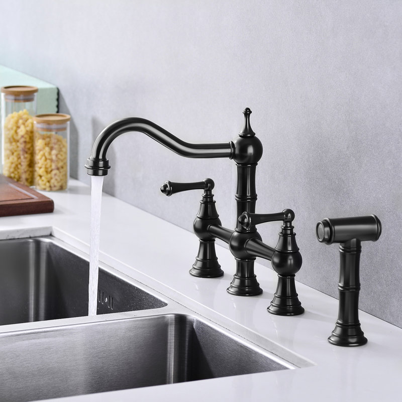 Bridge Dual Handles Kitchen Faucet In Matte Black With Pull-Out Side Spray, 360 Degree Rotatable High Spreading, Rust, Corrosion , Leak Proof, Brass Created Discharge Pipe, Made