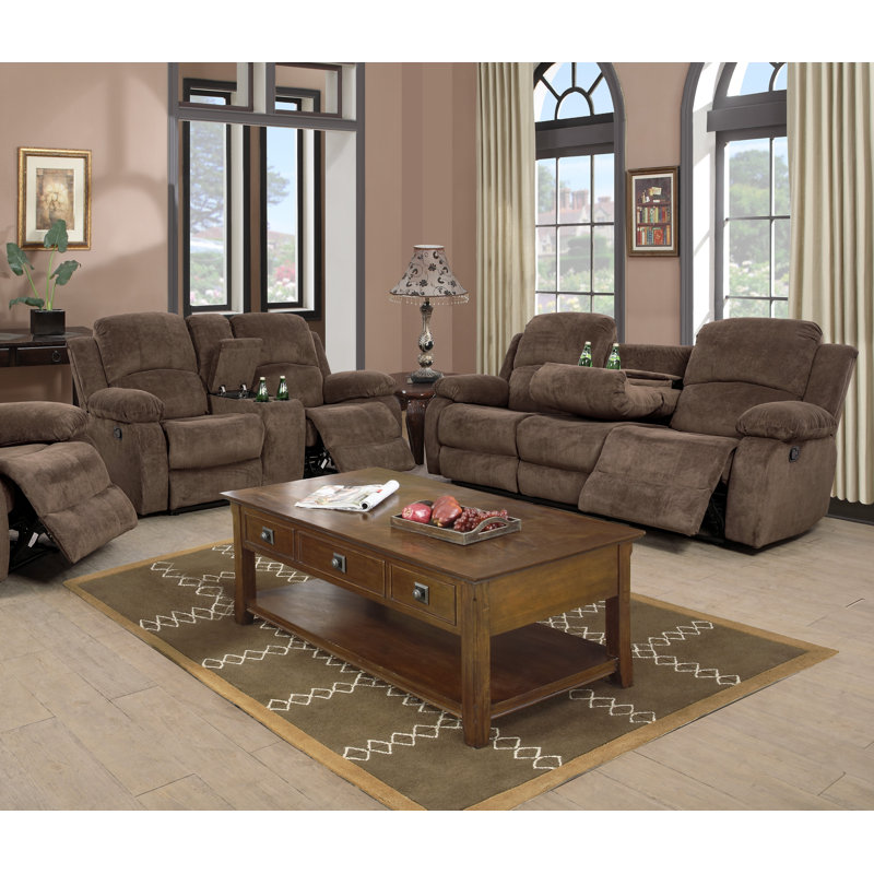 Ensemble de salon inclinable 2 pièces en similicuir brun avec console de rangement et porte-gobelets