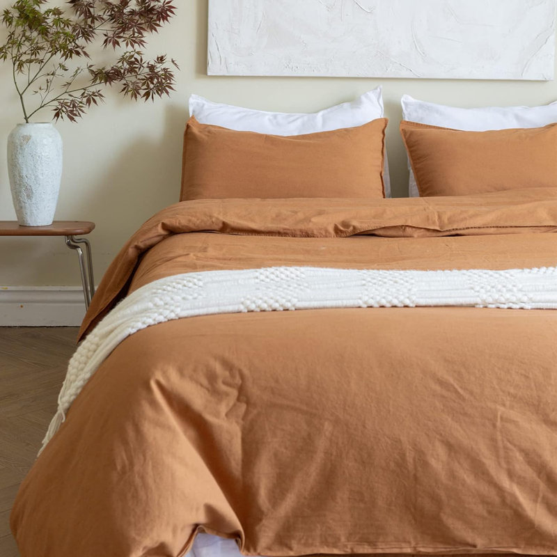 Ensemble de housse de couette en lin français 3 pièces avec fermeture à glissière cachée mélange de coton naturel, Rouille