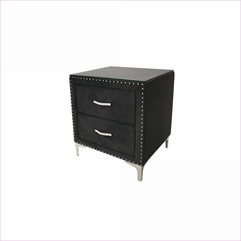 Table de chevet rembourrée en tissu Glam avec 2 tiroirs Verre trempé de 8 mm