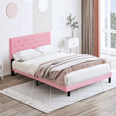 Lit double rembourré rose moderne avec tête de lit en lin - aucun sommier nécessaire, installation sans effort, cadre de plateforme stable à boutons requis, base en lattes de bois, facile à assembler, 500