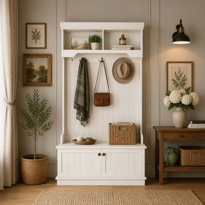 Arbre d'entrée multifonctionnel avec banc à chaussures de rangement, design 4 en 1 pour entrée et couloir, blanc