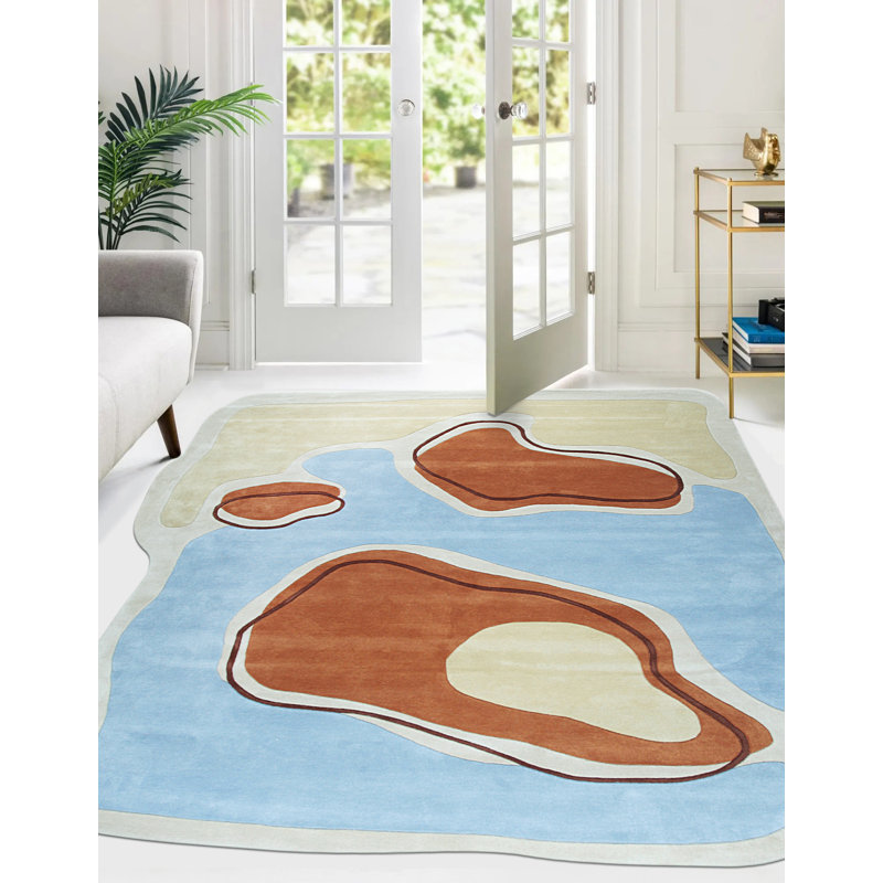 Tapis transitionnel bleu en laine touffeté à la main Joelly, Rectangle 6 pi x 9 pi