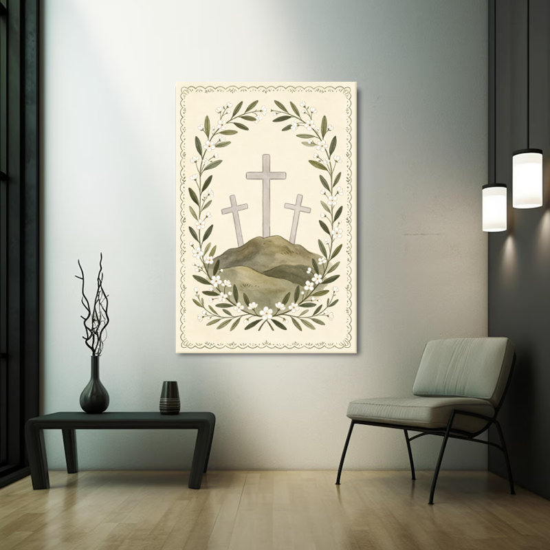 Tableau aquarelle « Trois croix en fleurs », impression sur toile tendue sur châssis, 61 x 91 cm, décoration murale en forme de croix verte et blanche pour la salle de prière, le salon et la salle à manger.