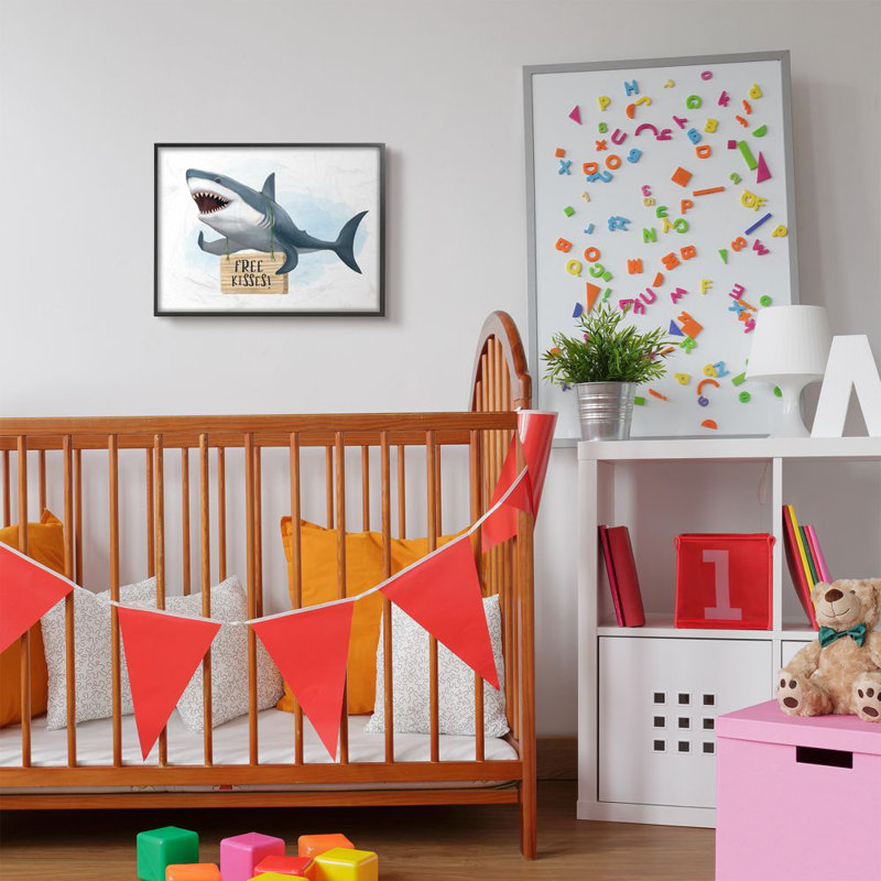 " Nautical Shark Free Kisses Sign Kid's Animal Humor " by Ziwei Li, Midnight Black Framed Giclee, 16" H x 20" W x 1.5" D
