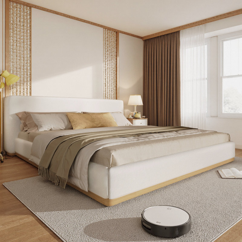 King White Upholstered Bed with Rounded Design & Strong Slatted Frame