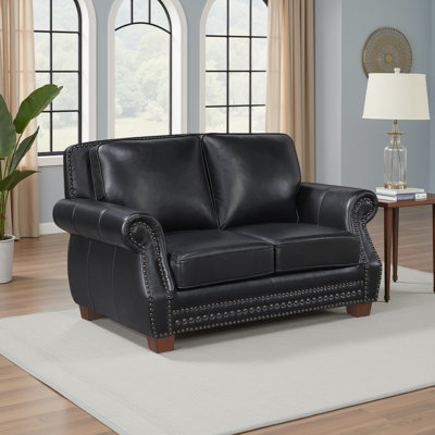 Southlake 64.5" Traditional Top Grain Leather & Faux Leather Loveseat with Nailhead Trim, Solid Wood Feet, Attached Cushions by Lark Manor