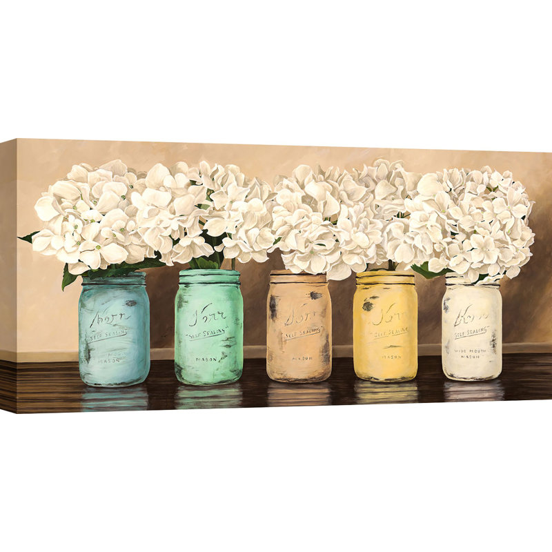 Hydrangeas In Mason Jars by Jenny Thomlinson - Wrapped Canvas Painting, 50cm H x 100cm W x 4cm D