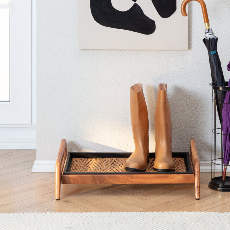 Support à bottes en bois massif de qualité supérieure avec tapis en fibre de coco naturelle - Rangement pour chaussures