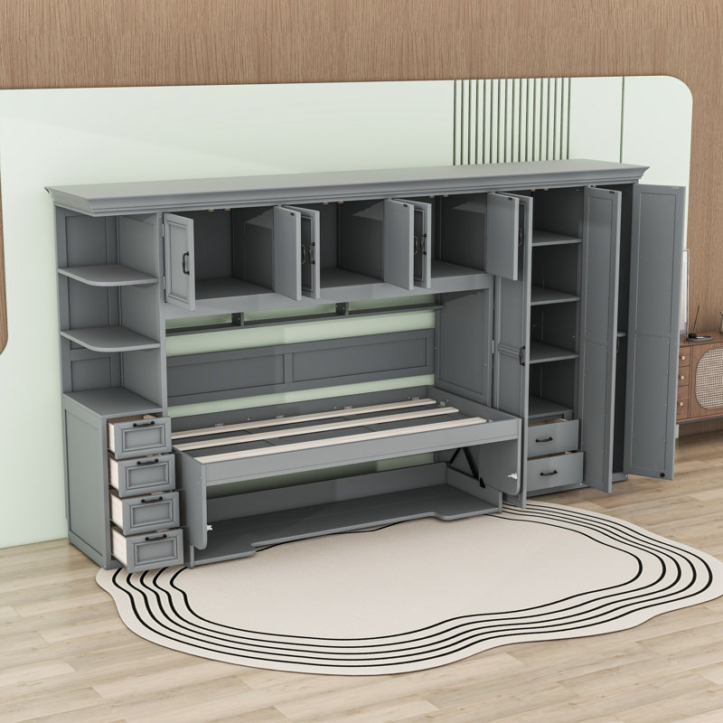 Lit escamotable avec armoire, bureau, armoire et tiroirs de rangement, gris