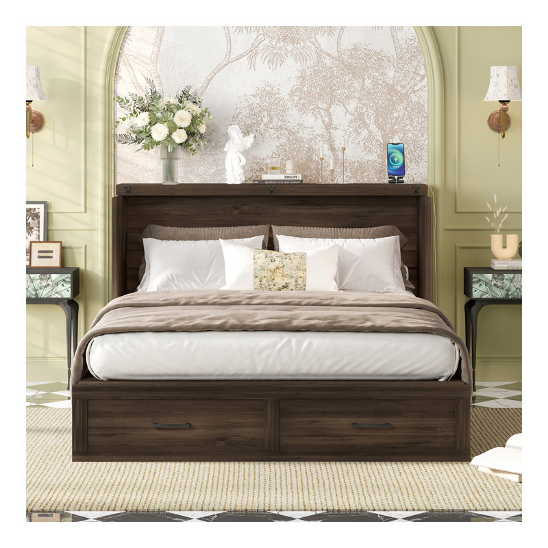 Grand lit escamotable style ferme avec station de charge, lit plateforme pliable avec grand tiroir de rangement pour chambre d'amis, petite chambre, gris rustique